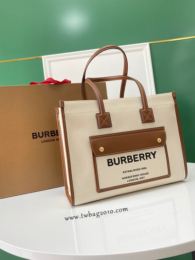 Burberry專門店新款手提女包購物袋 巴寶莉中號雙色帆布拼皮皮革Freya義大利精製托特包 yxb1288